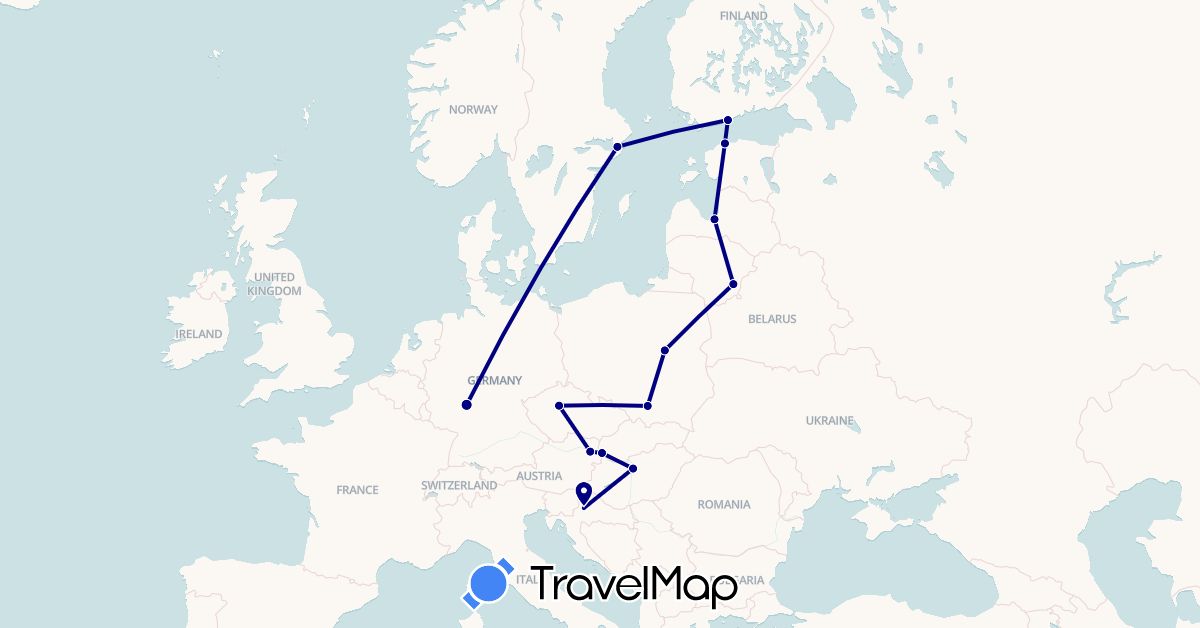 TravelMap itinerary: driving in Austria, Czech Republic, Germany, Estonia, Finland, Croatia, Hungary, Lithuania, Latvia, Poland, Sweden, Slovakia (Europe)
